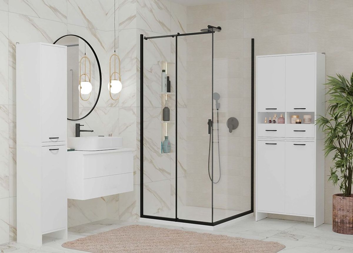 Armoire de salle de bain NINA 1K BLANCHE 1 Panier à linge Étagère Colonne pour salle de bain