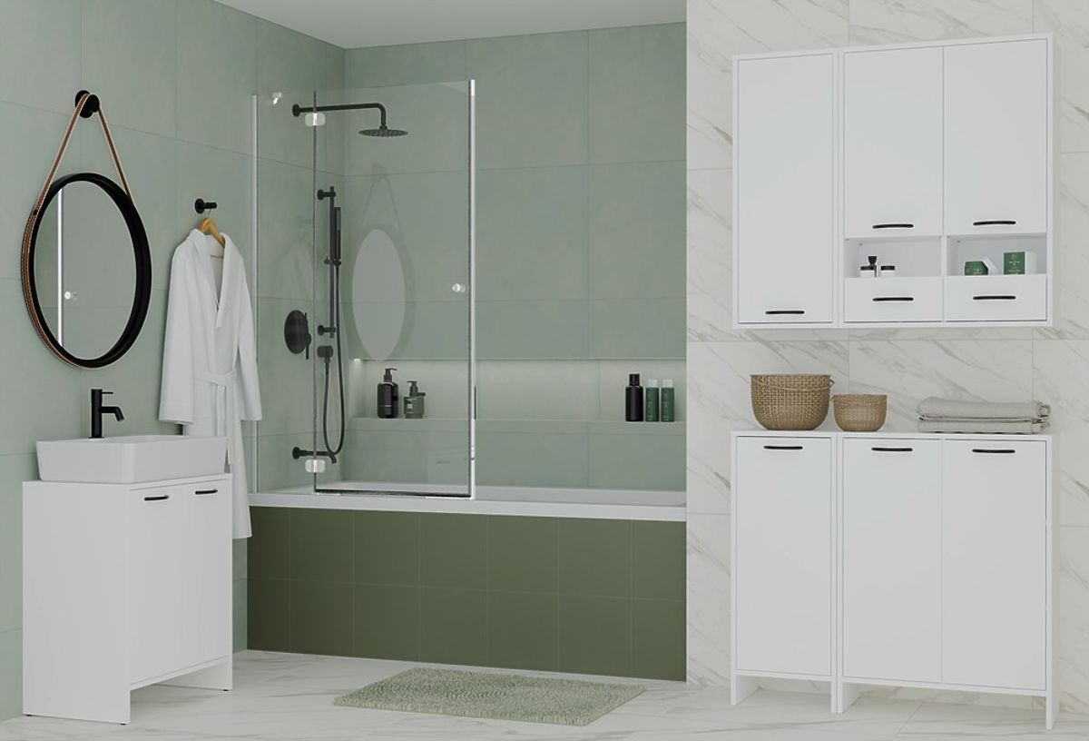 Armoire de salle de bain NINA 1K BLANCHE 1 Panier à linge Étagère Colonne pour salle de bain
