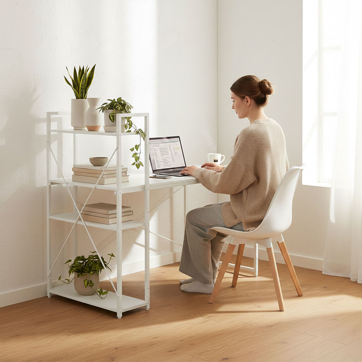 Bureau d'ordinateur scolaire 120x60 cm avec étagère à 3 niveaux blanc ModernHome