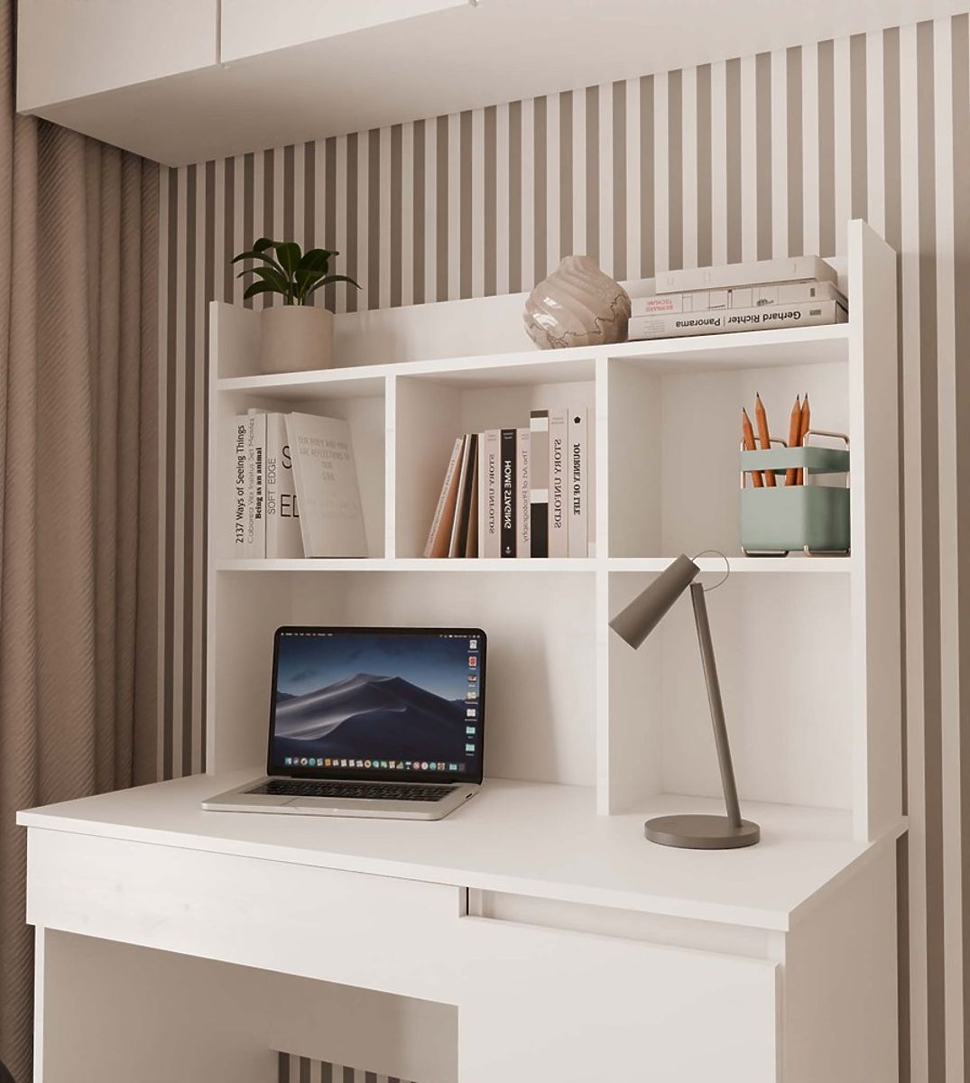 Bureau MIJAS Gauche avec Surélévation Blanc Mat 4 Tiroirs 4 Étagères pour Bureau Chambre