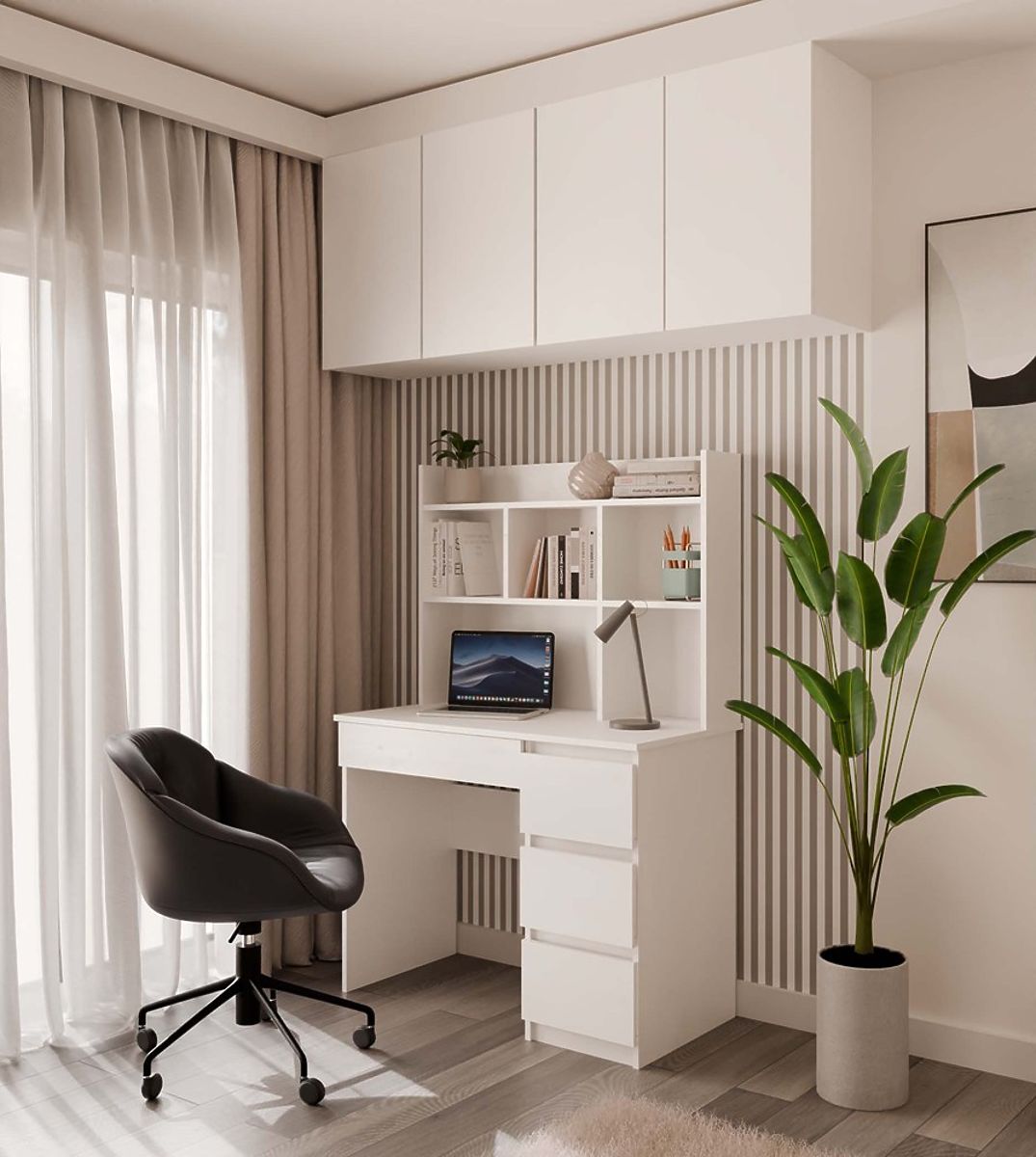 Bureau MIJAS Gauche avec Surélévation Blanc Mat 4 Tiroirs 4 Étagères pour Bureau Chambre
