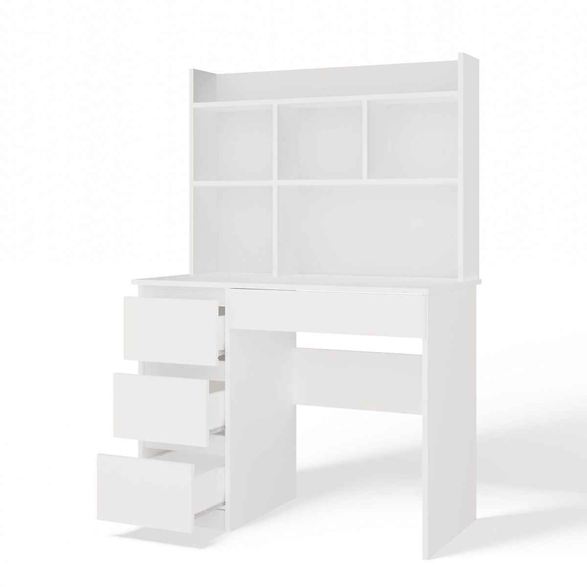 Bureau MIJAS Gauche avec Surélévation Blanc Mat 4 Tiroirs 4 Étagères pour Bureau Chambre