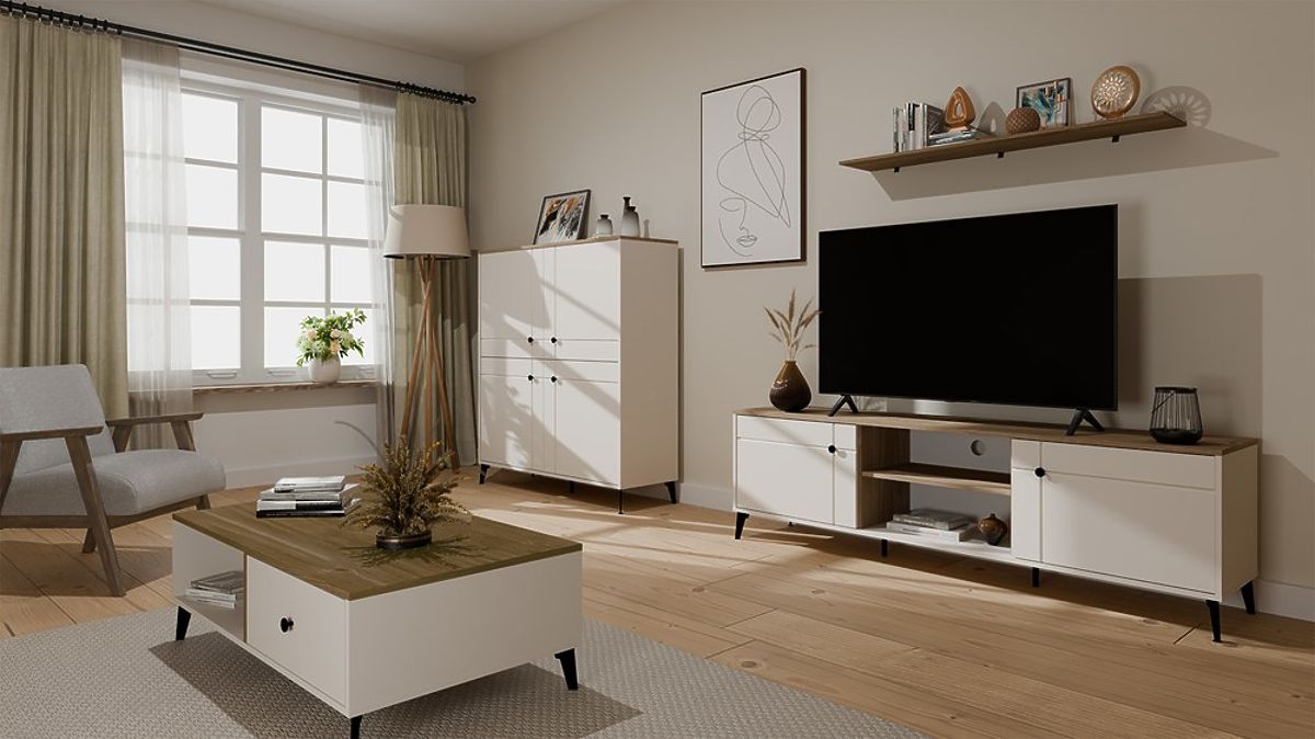 Commode POINT 4D Cachemire Beige Chêne Castello Armoire 4 Portes 8 Étagères pour Salon