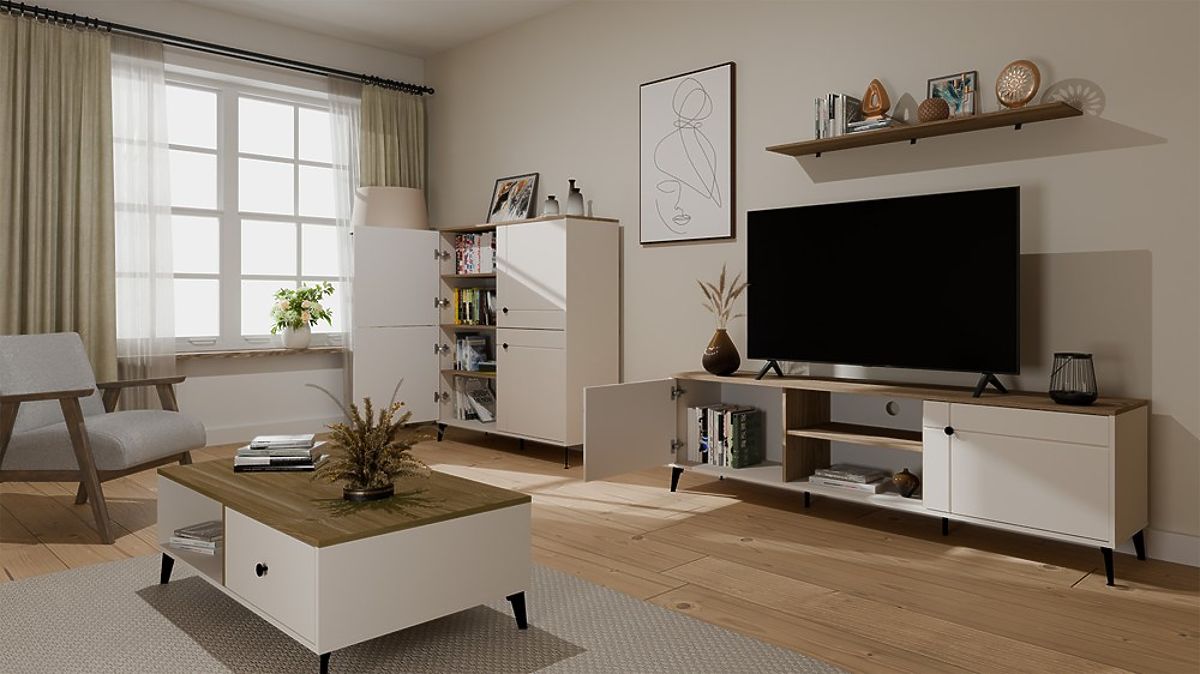 Commode POINT 4D Cachemire Beige Chêne Castello Armoire 4 Portes 8 Étagères pour Salon