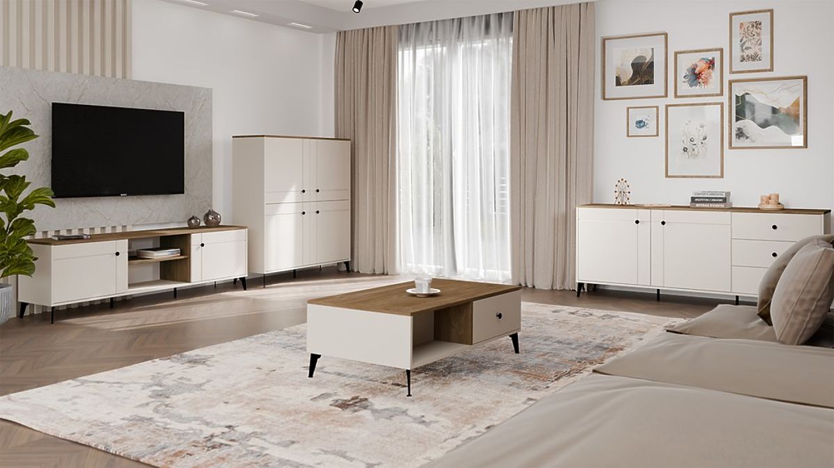 Commode POINT 4D Cachemire Beige Chêne Castello Armoire 4 Portes 8 Étagères pour Salon