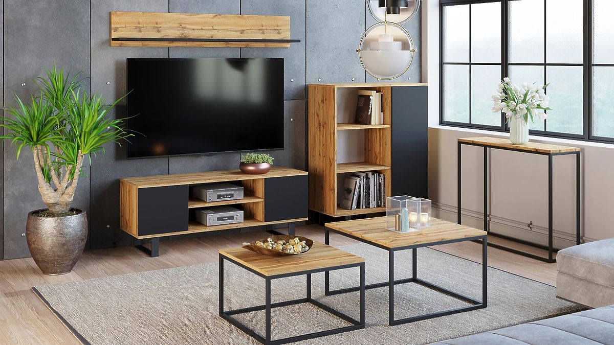 Étagère armoire Fondi chêne craft doré - noir, style loft