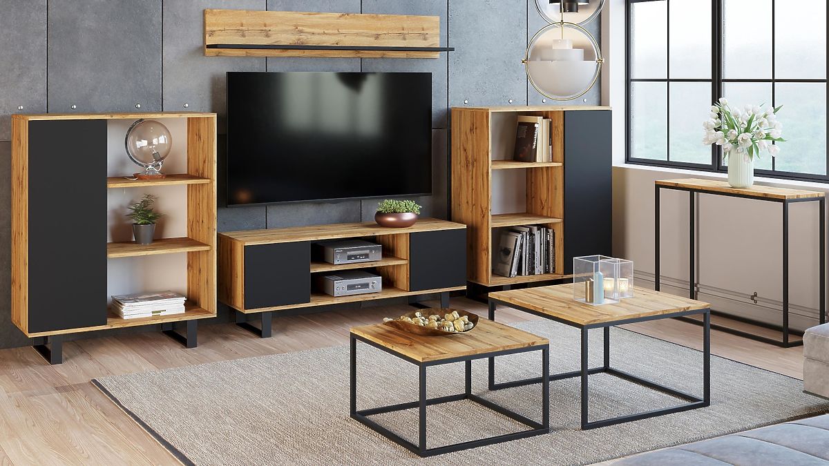 Étagère armoire Fondi chêne craft doré - noir, style loft