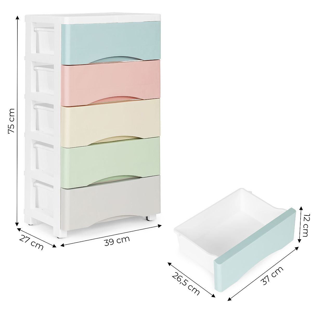 Étagère avec 5 tiroirs coulissants, pieds à roulettes, tiroirs colorés ModernHome