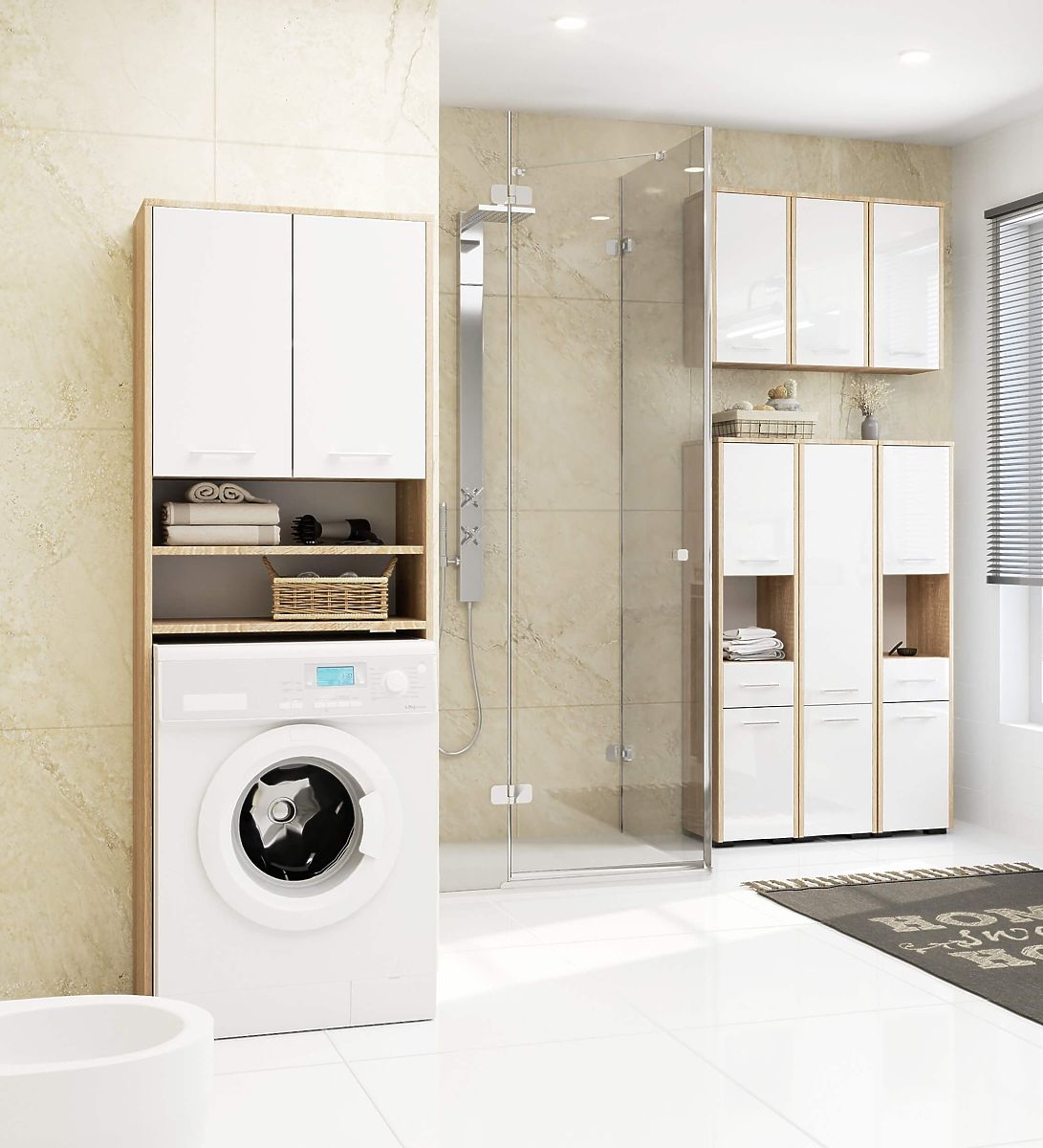 ÉTAGÈRE DE SALLE DE BAIN FIN AU-DESSUS DE LA MACHINE À LAVER CHÊNE SONOMA / BRILLANT BLANC