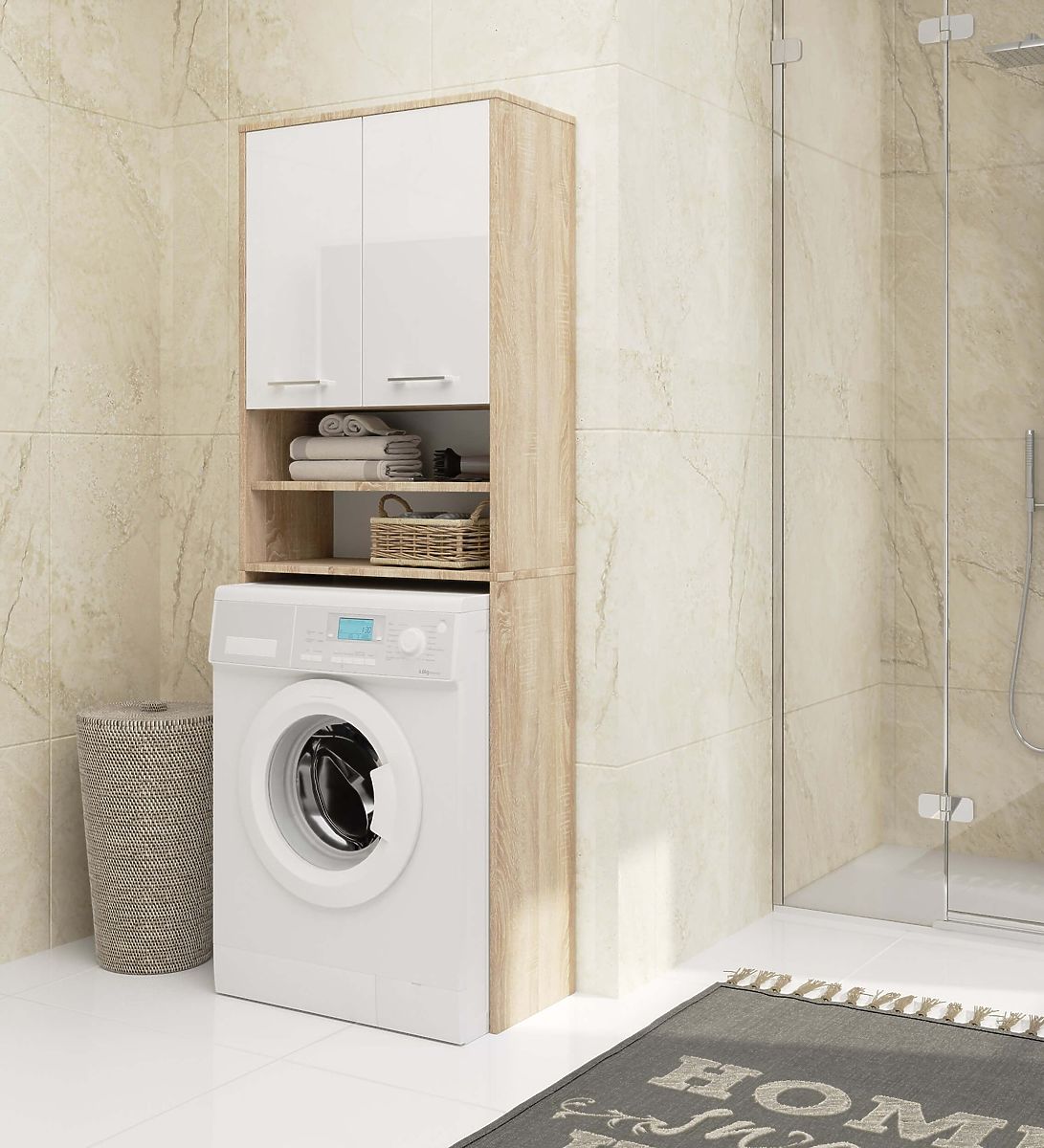 ÉTAGÈRE DE SALLE DE BAIN FIN AU-DESSUS DE LA MACHINE À LAVER CHÊNE SONOMA / BRILLANT BLANC