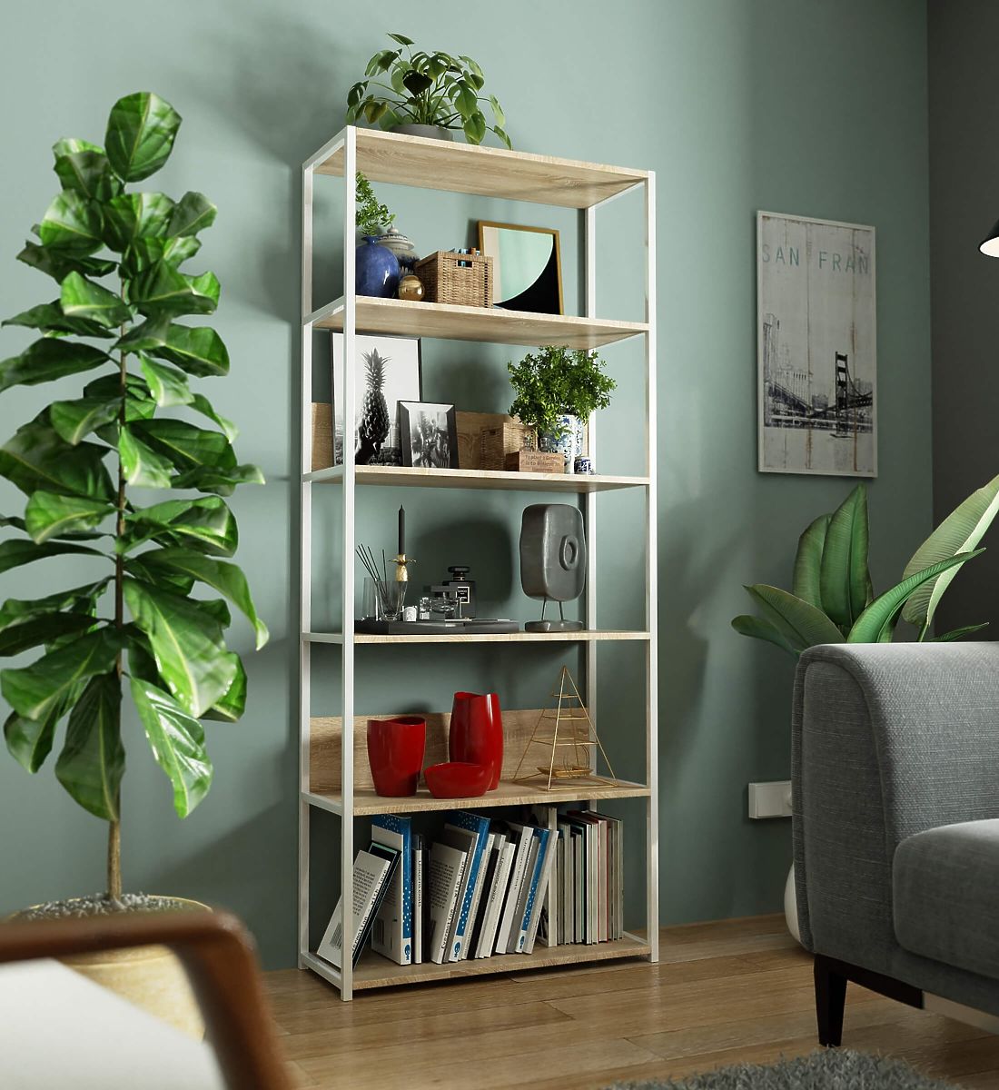 Étagère loft en métal 80 cm - blanc-chêne sonoma - 6 étagères