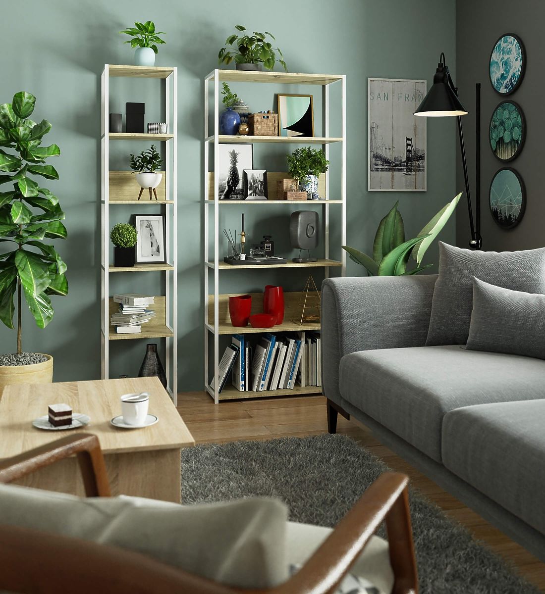 ÉTAGÈRE MÉTALLIQUE LOFT 800 BLANC/CHÊNE ARTISAN