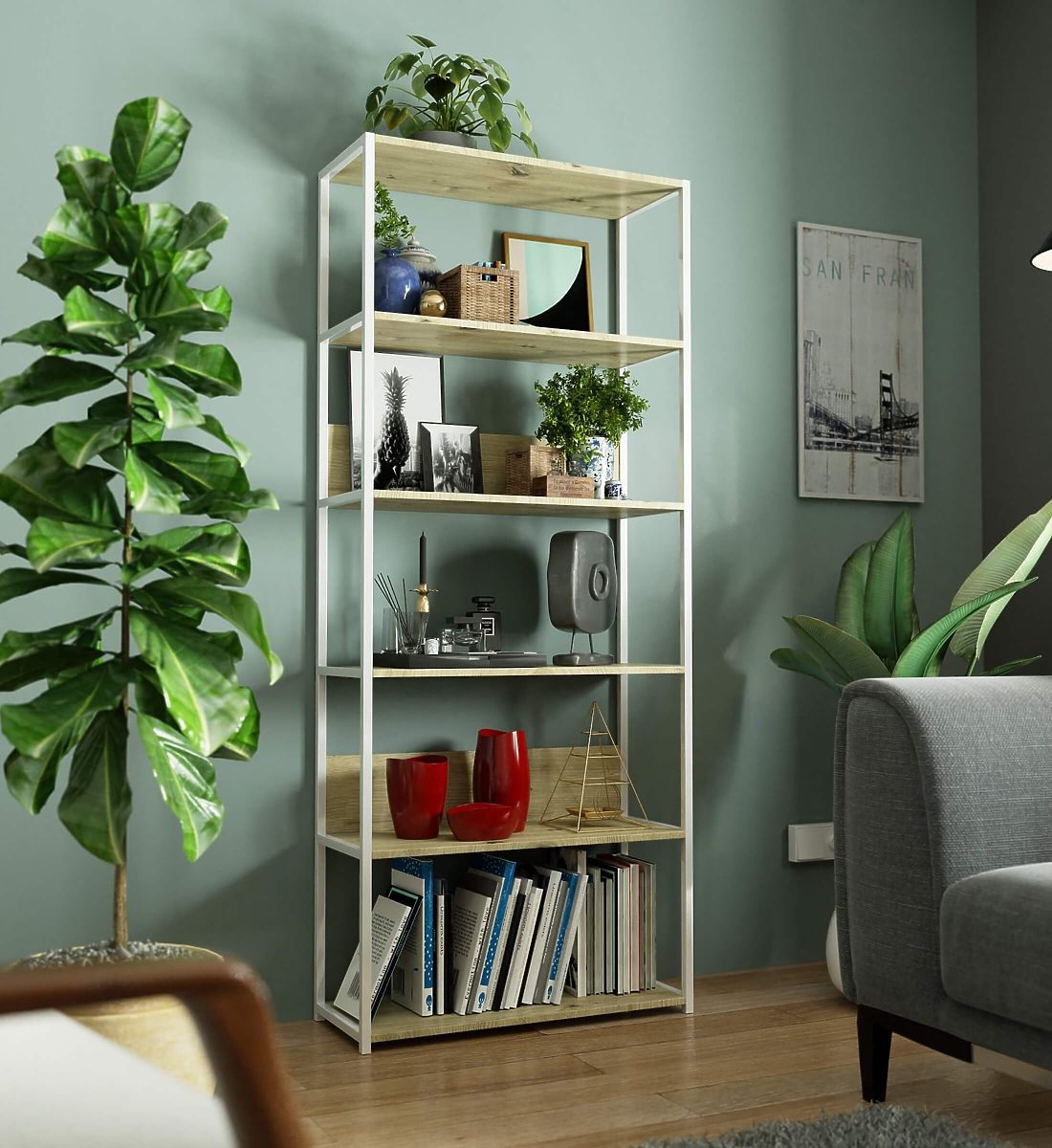 ÉTAGÈRE MÉTALLIQUE LOFT 800 BLANC/CHÊNE ARTISAN