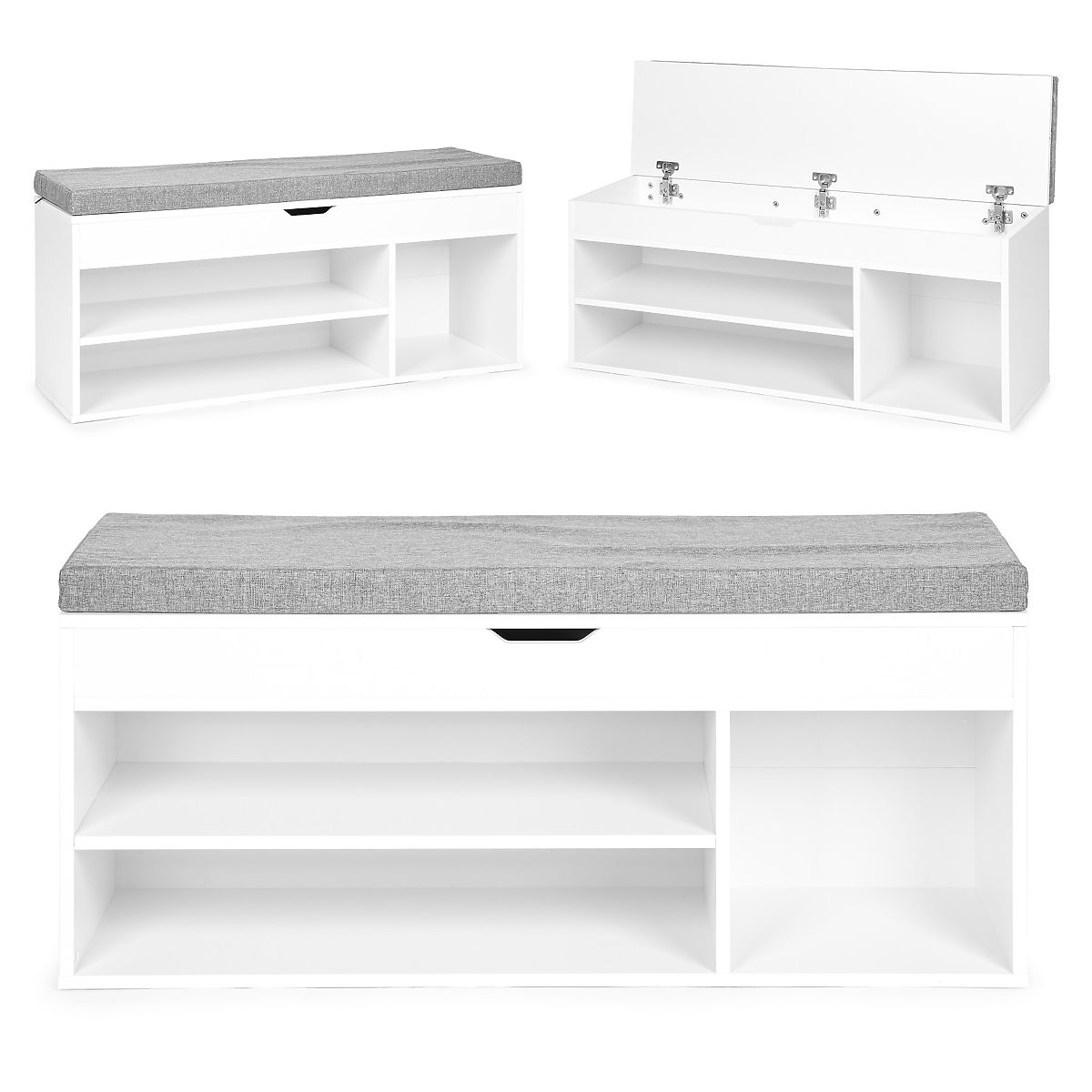 Meuble à chaussures avec coussin gris et siège ouvrant 3 étagères blanc