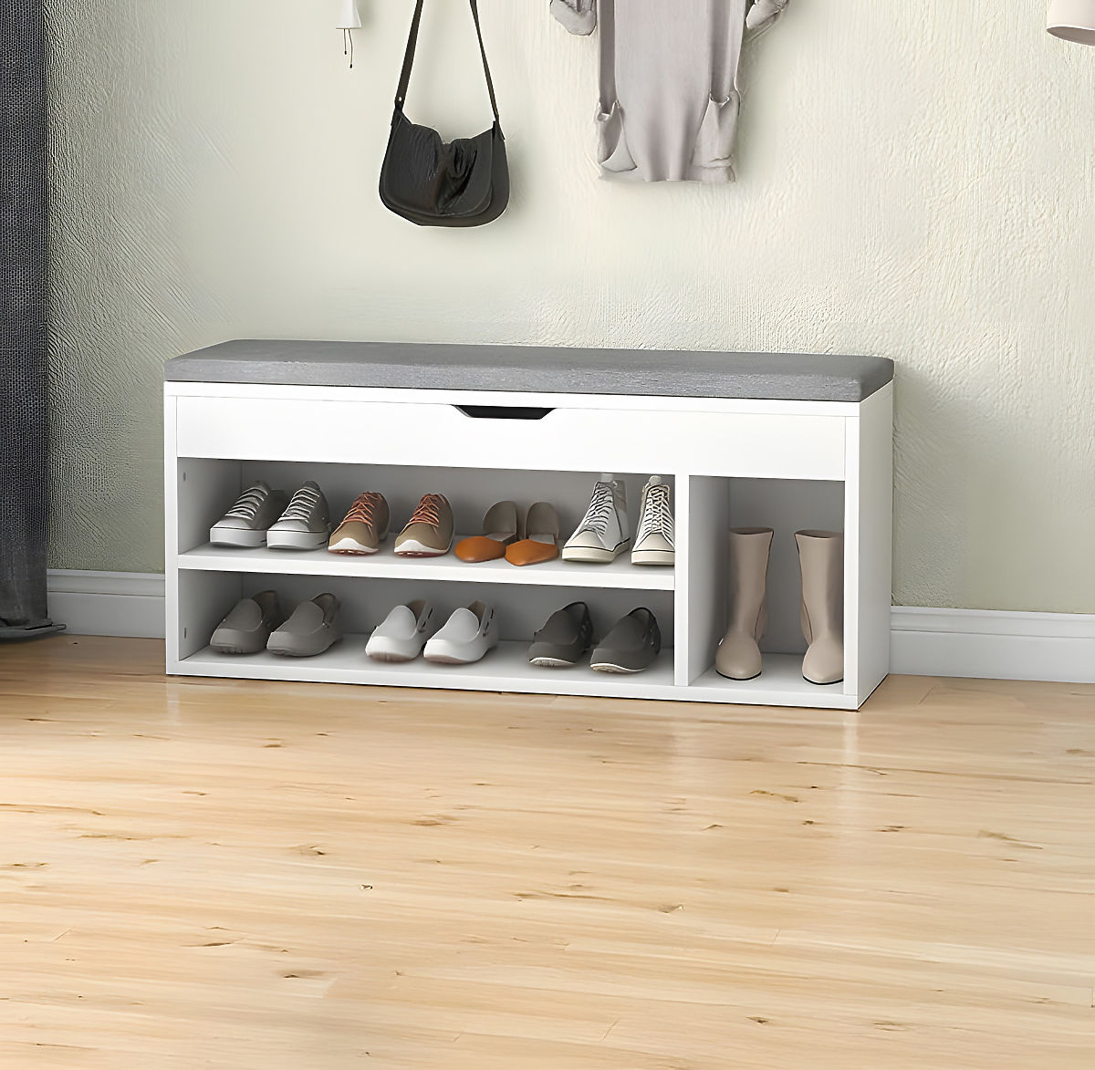 Meuble à chaussures avec coussin gris et siège ouvrant 3 étagères blanc
