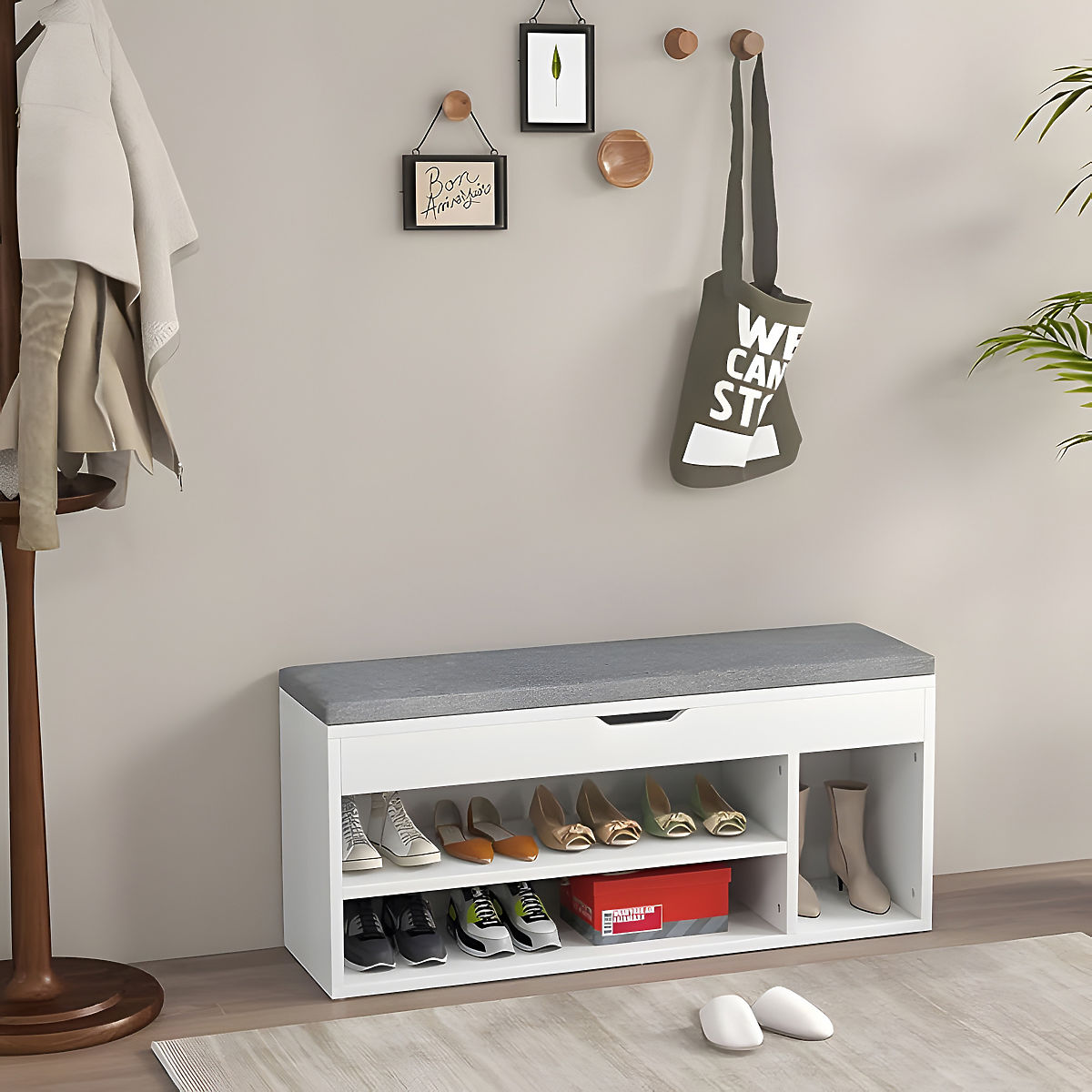 Meuble à chaussures avec coussin gris et siège ouvrant 3 étagères blanc