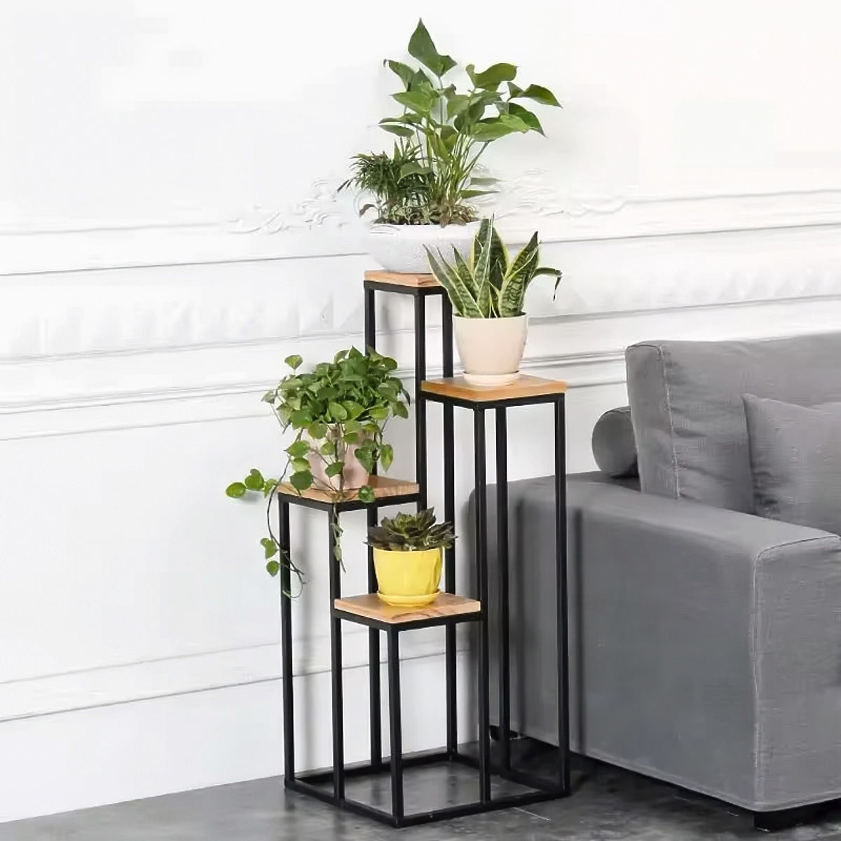 Support pour plantes étagère pour plantes décoration 4 étagères métal MDF noyer clair ModernHome