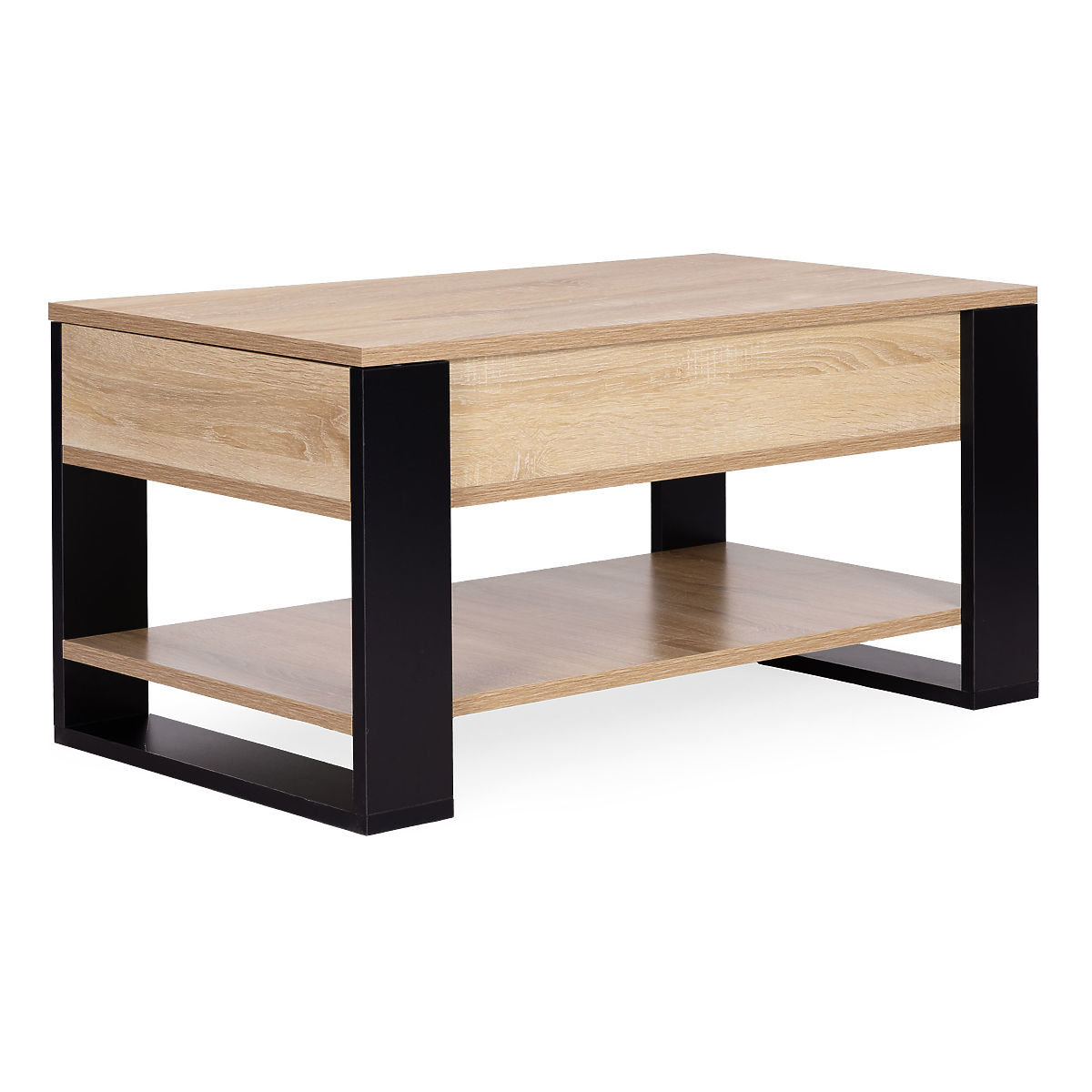Table basse extensible avec plateau relevable 90 cm espace de rangement étagère chêne sonoma ModernH