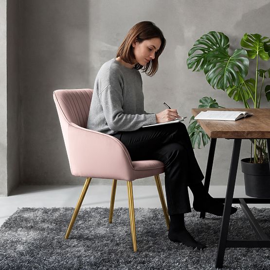 4x Chaise en Velours Capitonnée avec Surpiqûres Rose Poudré FLORENCE Pieds Dorés