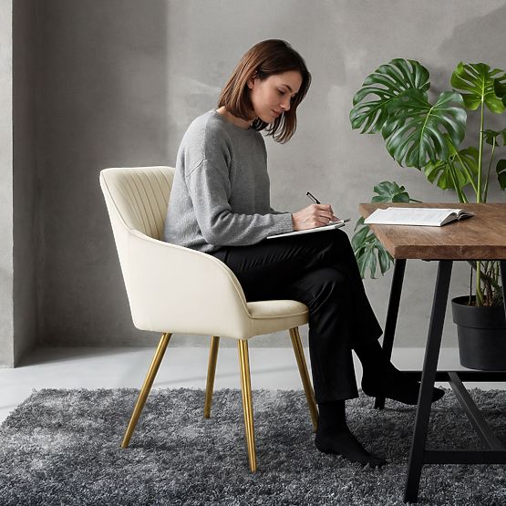 4x Chaise en velours rembourrée avec surpiqûres Crème FLORENCE Pieds dorés