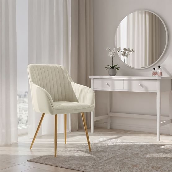 4x Chaise en velours rembourrée avec surpiqûres Crème FLORENCE Pieds dorés