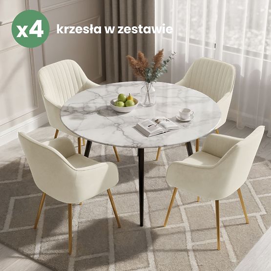 4x Chaise en velours rembourrée avec surpiqûres Crème FLORENCE Pieds dorés