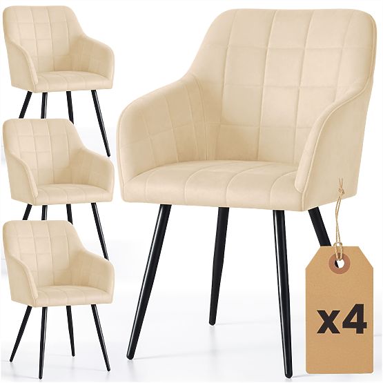 4x Chaise rembourrée avec surpiqûres carrées Beige LUXANO Pieds noirs
