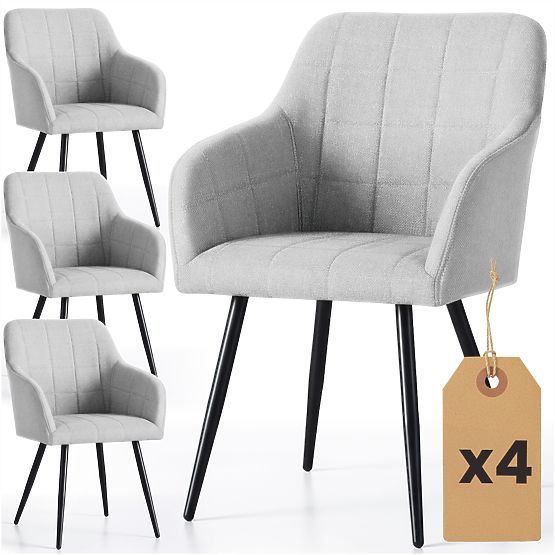 4x Chaise rembourrée avec surpiqûres carrées Gris Clair LUXANO Pieds noirs tissu Lumos