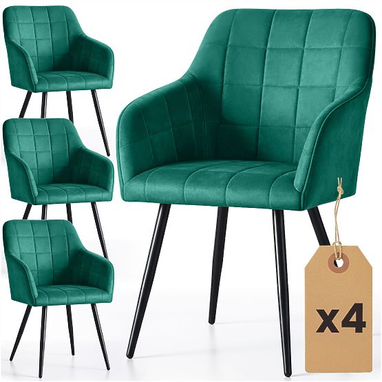 4x Chaise rembourrée avec surpiqûres carrées Vert bouteille LUXANO Pieds noirs
