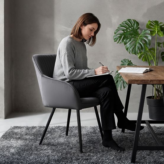 6x Chaise en velours capitonnée avec surpiqûres Graphite Foncé FLORENCE Pieds noirs