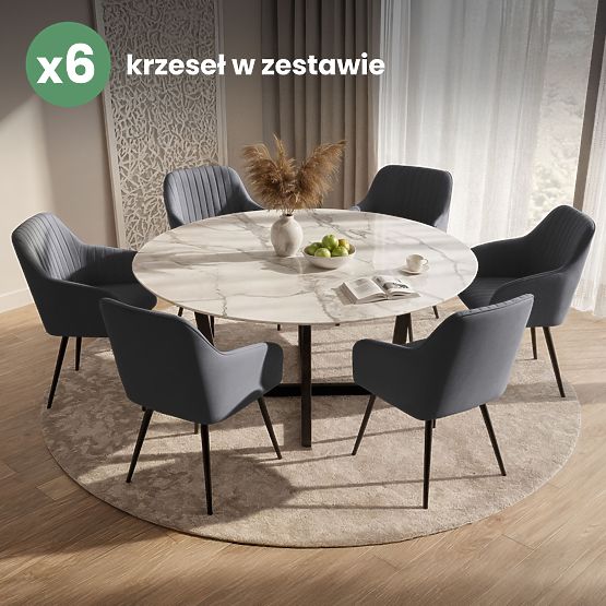 6x Chaise en velours capitonnée avec surpiqûres Graphite Foncé FLORENCE Pieds noirs