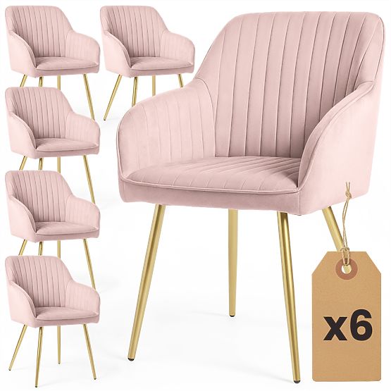 6x Chaise en Velours Capitonnée avec Surpiqûres Rose Poudré FLORENCE Pieds Dorés