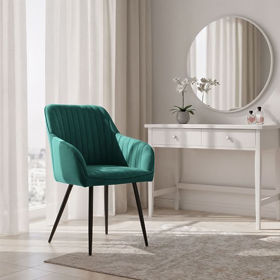 6x Chaise en Velours Capitonnée avec Surpiqûres Vert Bouteille FLORENCE Pieds Noirs