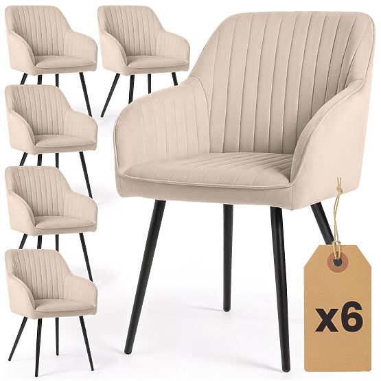 6x Chaise en velours rembourrée avec surpiqûres Beige FLORENCE Pieds noirs