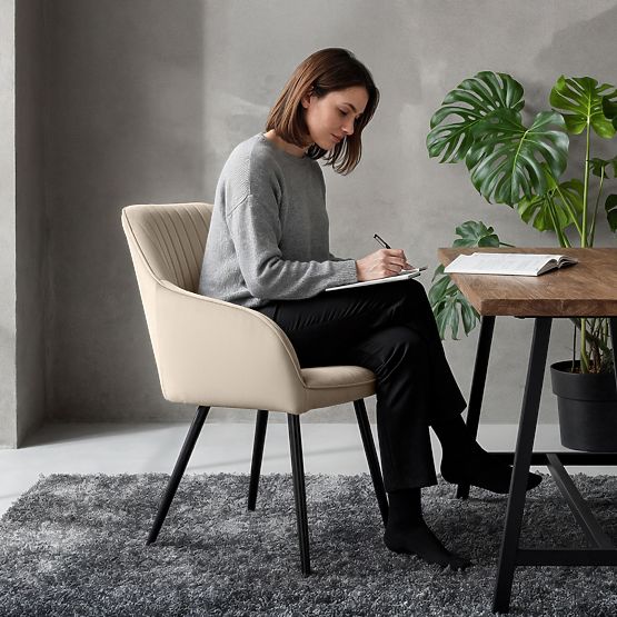 6x Chaise en velours rembourrée avec surpiqûres Beige FLORENCE Pieds noirs