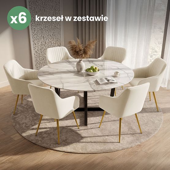 6x Chaise en velours rembourrée avec surpiqûres Crème FLORENCE Pieds dorés