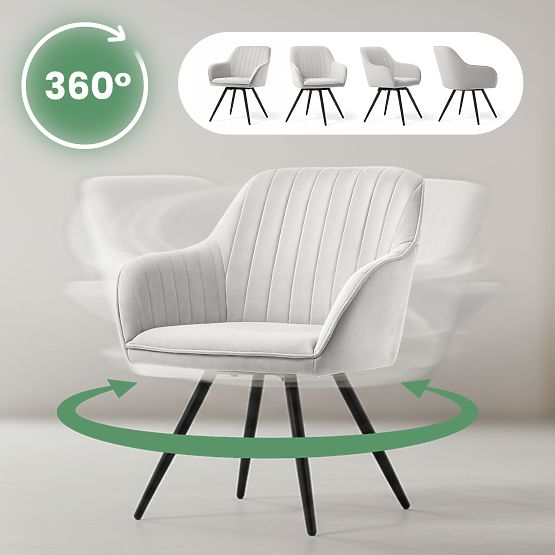 6x Chaise pivotante en velours avec surpiqûres Gris TURNO Pieds noirs