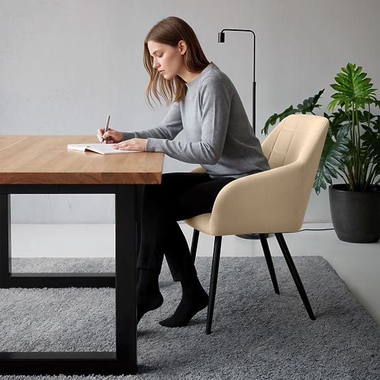 6x Chaise rembourrée avec coutures carrées Beige LUXANO Pieds noirs