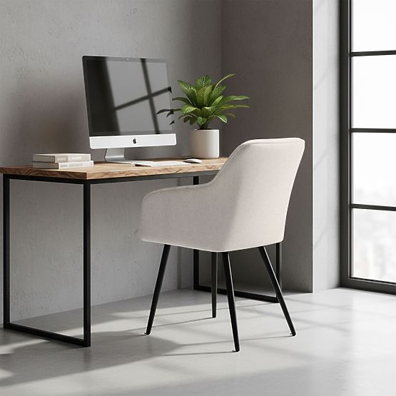 6x Chaise rembourrée avec surpiqûres carrées Crème LUXANO Pieds noirs tissu Lumos