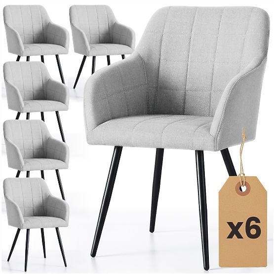 6x Chaise rembourrée avec surpiqûres carrées Gris Clair LUXANO Pieds noirs tissu Lumos