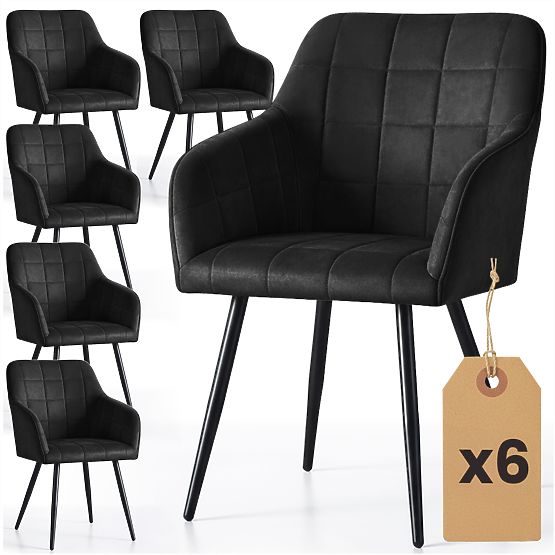 6x Chaise rembourrée avec surpiqûres carrées Noire LUXANO Pieds noirs