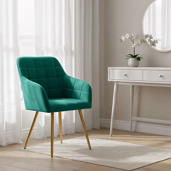 6x Chaise Rembourrée avec Surpiqûres Carrées Vert Émeraude LUXANO Pieds Dorés