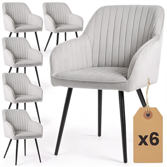 6x Chaise rembourrée en velours avec surpiqûres Grise FLORENCE Pieds noirs