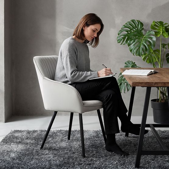 6x Chaise rembourrée en velours avec surpiqûres Grise FLORENCE Pieds noirs