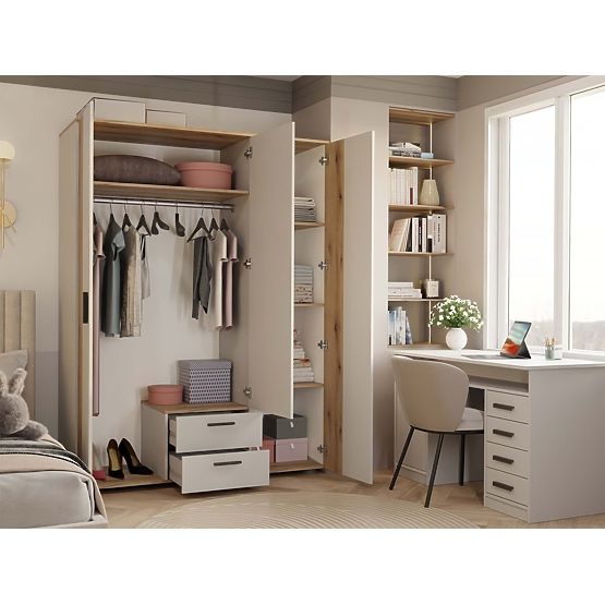 ARMOIRE AVA 150 CM MIROIR 2 TIROIRS FAÇADE RAINURÉE CHÊNE ÉVOQUE BEIGE CACHEMIRE