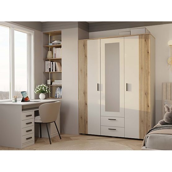 ARMOIRE AVA 150 CM MIROIR 2 TIROIRS FAÇADE RAINURÉE CHÊNE ÉVOQUE BEIGE CACHEMIRE