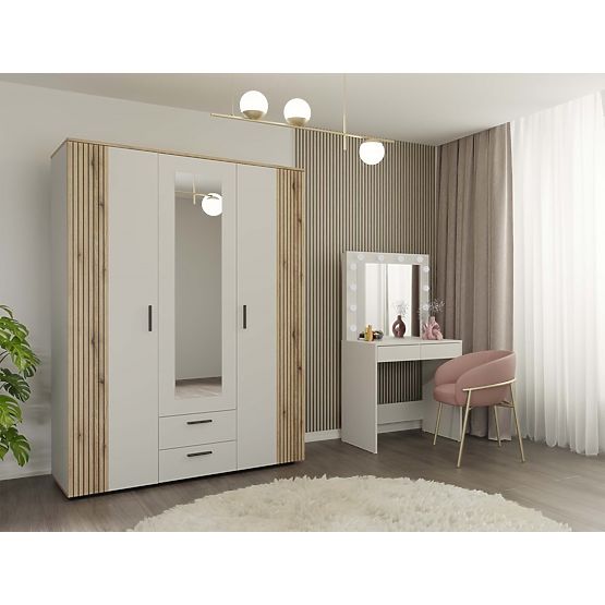 ARMOIRE AVA 150 CM MIROIR 2 TIROIRS FAÇADE RAINURÉE CHÊNE ÉVOQUE BEIGE CACHEMIRE
