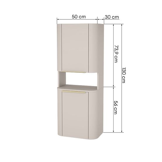 Armoire de salle de bain, colonne Bassa cachemire, poignées dorées, arrondie