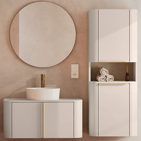 Armoire de salle de bain, colonne Bassa cachemire, poignées dorées, arrondie