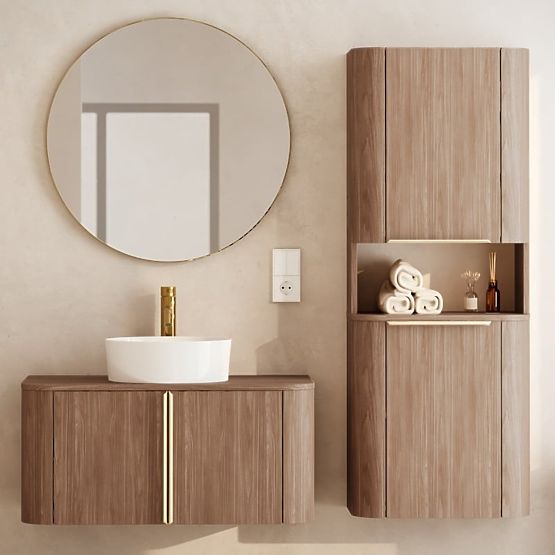 Armoire de salle de bain, colonne Bassa noyer lincoln, poignées dorées, arrondie